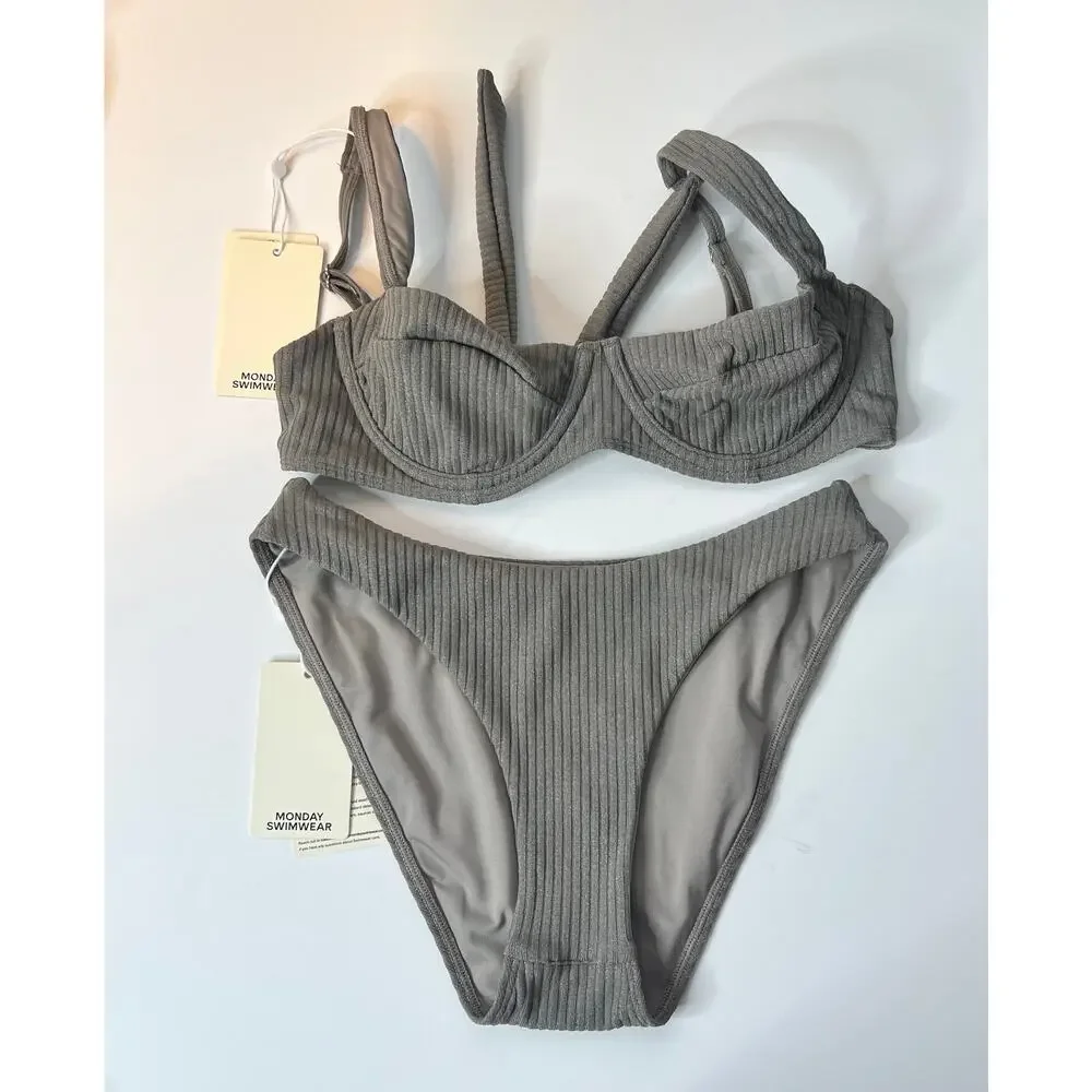 Monday Swimwear Seychelles Bottom and Sorrento Top Steel Lurex Rib New Small
